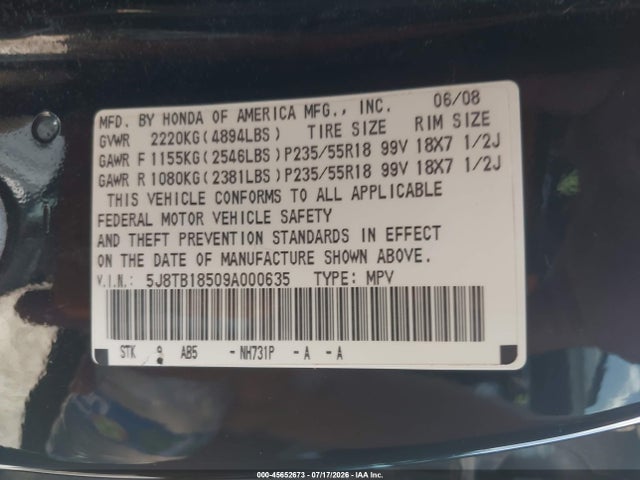45652673 :رقم المزاد ، 5J8TB18509A000635 vin ، 2009 Acura Rdx مزاد بيع