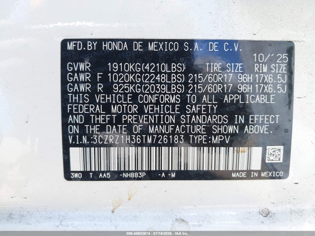 3CZRZ1H36TM726183 Honda Hr-v 2wd Lx