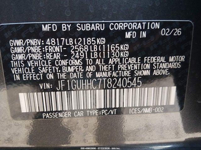 Aukcja sprzedaży 2026 Subaru Impreza Rs, vin: JF1GUHHC7T8240545, numer aukcji: 45652696