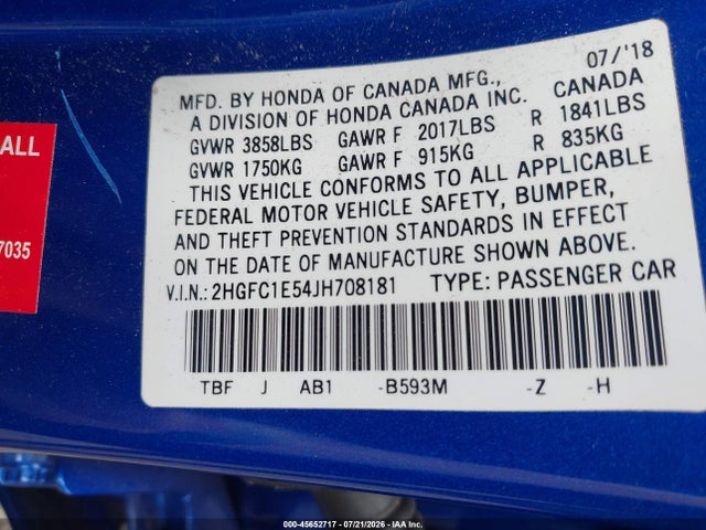 2018 Honda Civic Si მანქანა იყიდება აუქციონზე, vin: 2HGFC1E54JH708181, აუქციონის ნომერი: 45652717