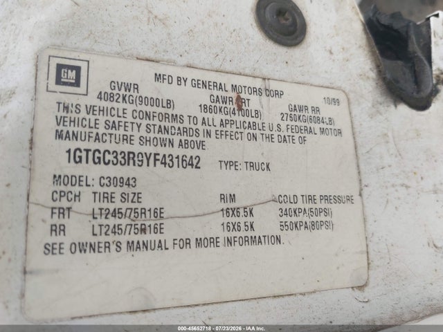 Продаж на аукціоні авто 2000 Gmc Sierra 3500 Classic Sl, vin: 1GTGC33R9YF431642, номер лоту: 45652718