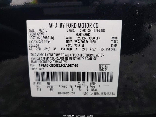 1FM5K8D83JGA98749 Ford EXPLORER XLT
