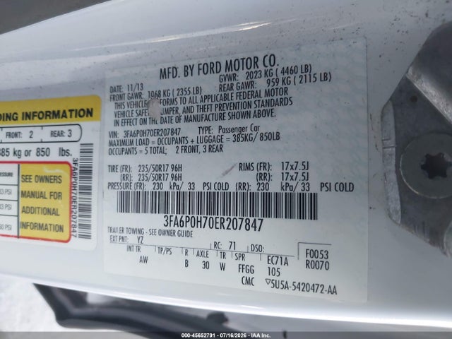 Продажа на аукционе авто 2014 Ford Fusion Se, vin: 3FA6P0H70ER207847, номер лота: 45652791