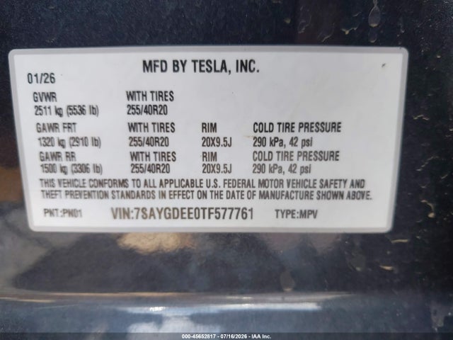 7SAYGDEE0TF577761 Tesla Model Y All-wheel Drive/long Range Launch Series/premium All-wheel Drive