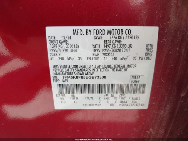 Aukcja sprzedaży 2014 Ford Explorer Limited, vin: 1FM5K8F85EGB73308, numer aukcji: 45652820