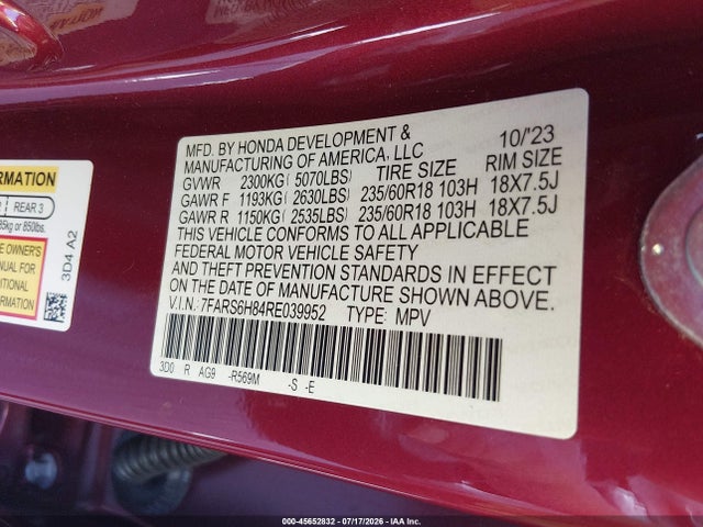 45652832 :رقم المزاد ، 7FARS6H84RE039952 vin ، 2024 Honda Cr-v Hybrid Sport-l مزاد بيع