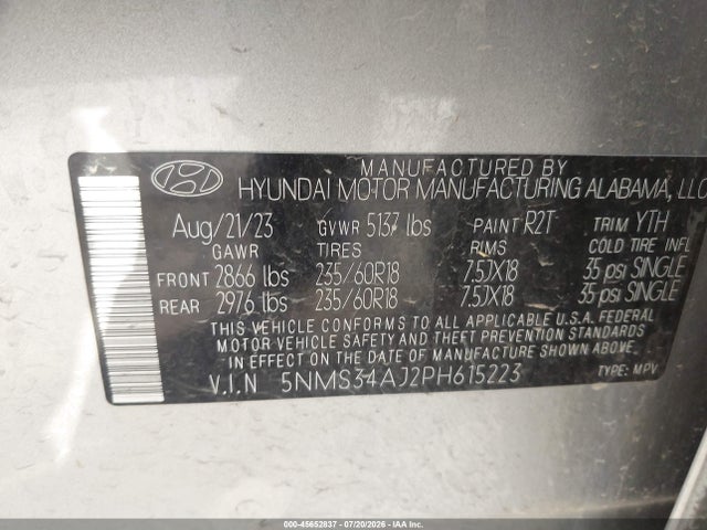 2023 Hyundai Santa Fe Sel მანქანა იყიდება აუქციონზე, vin: 5NMS34AJ2PH615223, აუქციონის ნომერი: 45652837