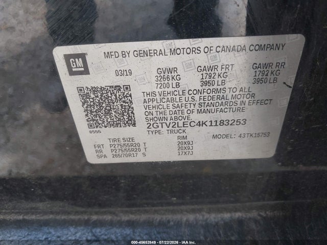 Aukcja sprzedaży 2019 Gmc Sierra 1500 Limited, vin: 2GTV2LEC4K1183253, numer aukcji: 45652849