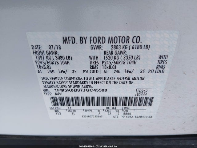 1FM5K8B87JGC45500 Ford Explorer
