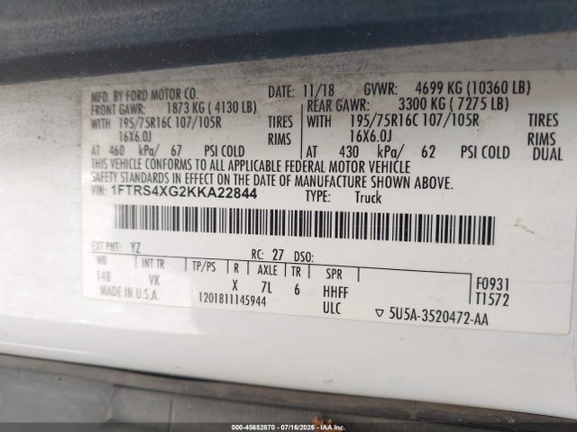Aukcja sprzedaży 2019 Ford Transit-350, vin: 1FTRS4XG2KKA22844, numer aukcji: 45652870