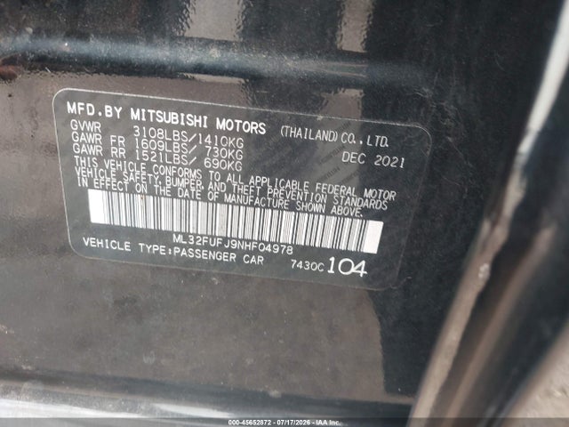 2022 Mitsubishi Mirage G4 Black Edition/es/le მანქანა იყიდება აუქციონზე, vin: ML32FUFJ9NHF04978, აუქციონის ნომერი: 45652872