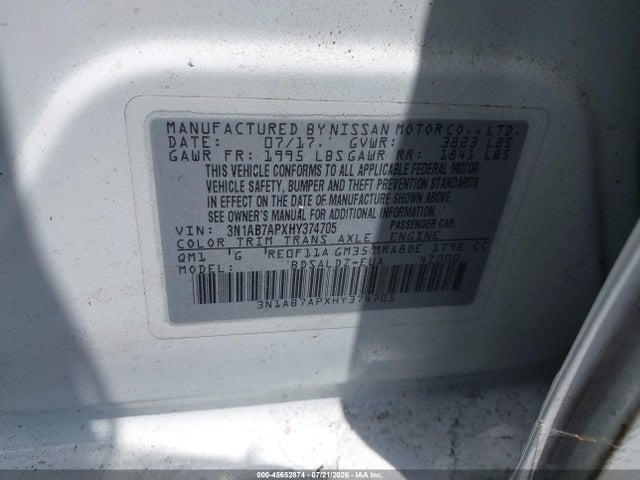 2017 Nissan Sentra Sv მანქანა იყიდება აუქციონზე, vin: 3N1AB7APXHY374705, აუქციონის ნომერი: 45652874