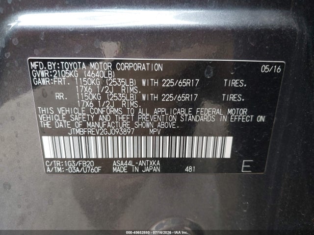 Продаж на аукціоні авто 2016 Toyota Rav4 Le, vin: JTMBFREV2GJ093897, номер лоту: 45652880