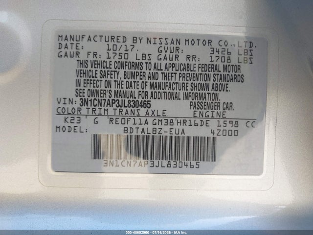 3N1CN7AP3JL830465 Nissan Versa 1.6 Sv