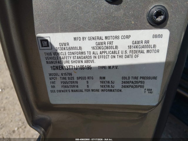Продажа на аукционе авто 2001 Chevrolet Tahoe Lt, vin: 1GNEK13T71J105195, номер лота: 45652905