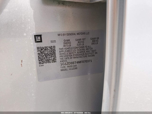 45652915 :رقم المزاد ، 1G1ZD5ST4MF070371 vin ، 2021 Chevrolet Malibu Fwd Lt مزاد بيع