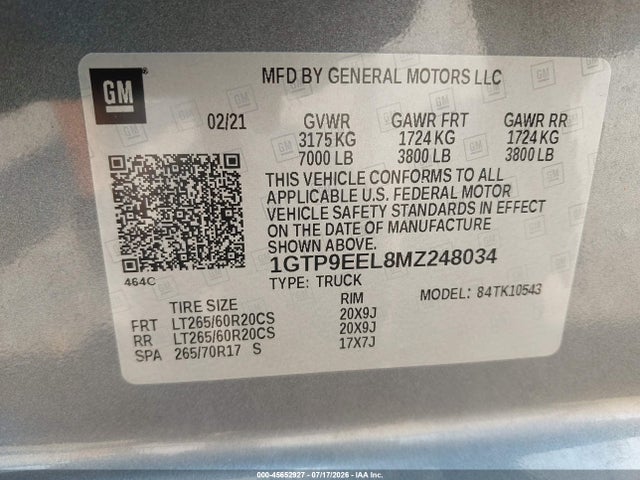 Aukcja sprzedaży 2021 Gmc Sierra 1500 4wd  Short Box At4, vin: 1GTP9EEL8MZ248034, numer aukcji: 45652927