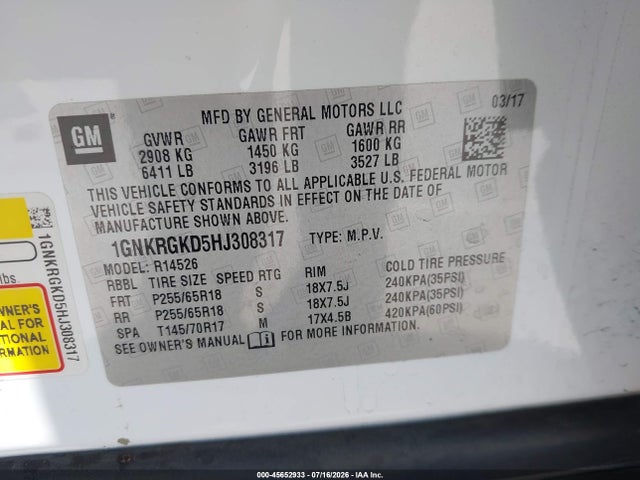 Chevrolet Traverse Lt 2017 1GNKRGKD5HJ308317 Image 9