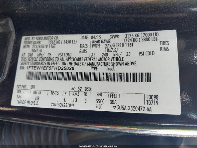 Продажа на аукционе авто 2015 Ford F-150 Lariat, vin: 1FTEW1EF5FKD25828, номер лота: 45652937