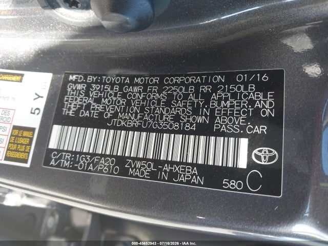 Toyota Prius Two 2016 JTDKBRFU7G3508184 Image 9