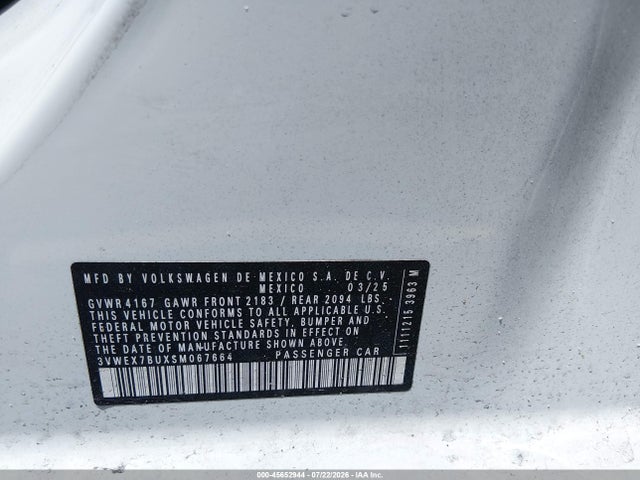 45652944 :رقم المزاد ، 3VWEX7BUXSM067664 vin ، 2025 Volkswagen Jetta 1.5t Se مزاد بيع
