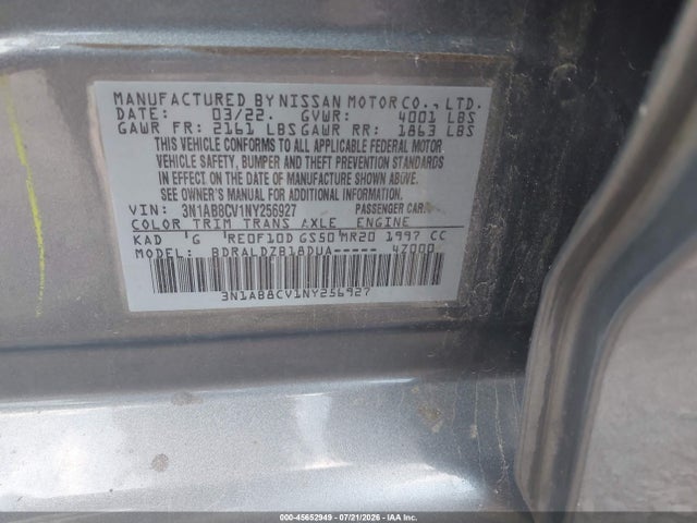 2022 Nissan Sentra Sv Xtronic Cvt მანქანა იყიდება აუქციონზე, vin: 3N1AB8CV1NY256927, აუქციონის ნომერი: 45652949