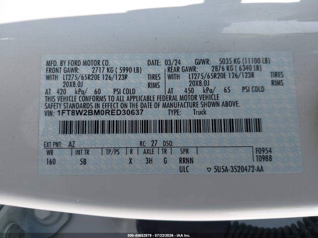 45652979 :رقم المزاد ، 1FT8W2BM0RED30637 vin ، 2024 Ford F-250 Lariat مزاد بيع
