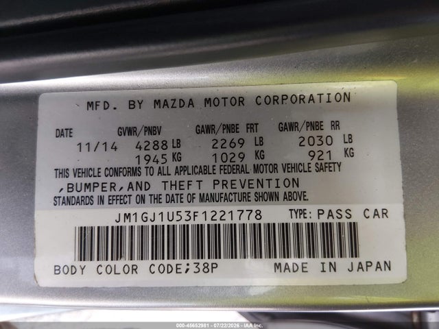 45652981 :رقم المزاد ، JM1GJ1U53F1221778 vin ، 2015 Mazda Mazda6 I Sport مزاد بيع