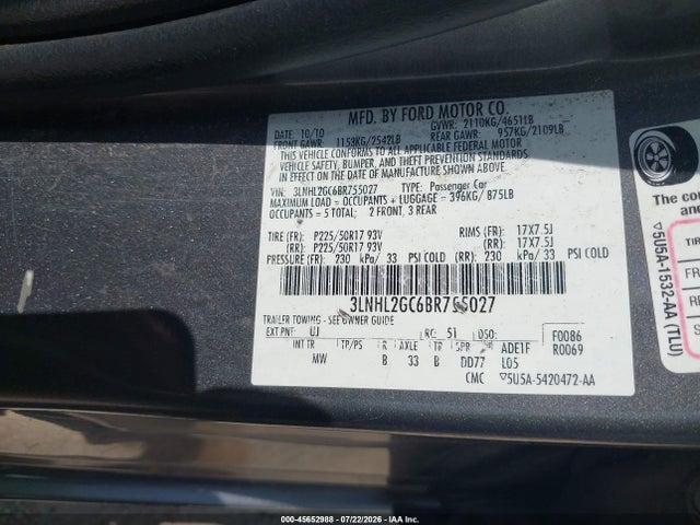 Aukcja sprzedaży 2011 Lincoln Mkz, vin: 3LNHL2GC6BR755027, numer aukcji: 45652988