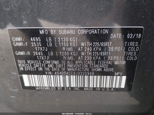 Продаж на аукціоні авто 2018 Subaru Outback 2.5i Premium, vin: 4S4BSACC4J3320948, номер лоту: 45652989
