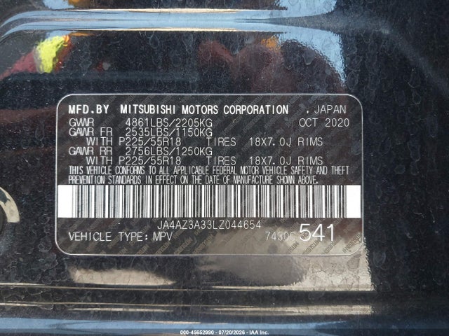 Продажа на аукционе авто 2020 Mitsubishi Outlander Es 2.4 S-awc, vin: JA4AZ3A33LZ044654, номер лота: 45652990
