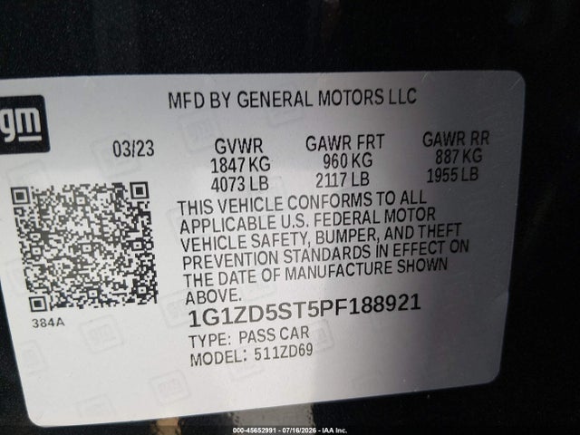 1G1ZD5ST5PF188921 Chevrolet Malibu Fwd 1lt