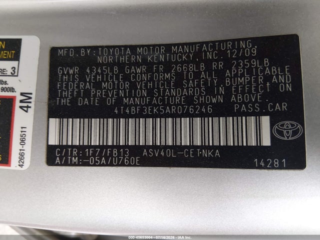 45653004 :رقم المزاد ، 4T4BF3EK5AR076246 vin ، 2010 Toyota Camry Le مزاد بيع