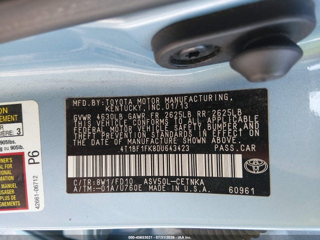 2013 Toyota Camry Le მანქანა იყიდება აუქციონზე, vin: 4T1BF1FK8DU643423, აუქციონის ნომერი: 45653021