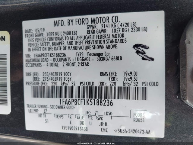 Продаж на аукціоні авто 2019 Ford Mustang Gt Premium, vin: 1FA6P8CF1K5188236, номер лоту: 45653023