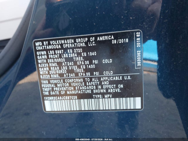 1V2NR2CA9JC597028 Volkswagen Atlas 3.6l V6 Sel Premium