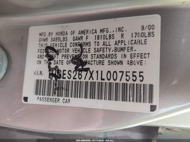 2001 Honda Civic Ex მანქანა იყიდება აუქციონზე, vin: 1HGES267X1L007555, აუქციონის ნომერი: 45653050