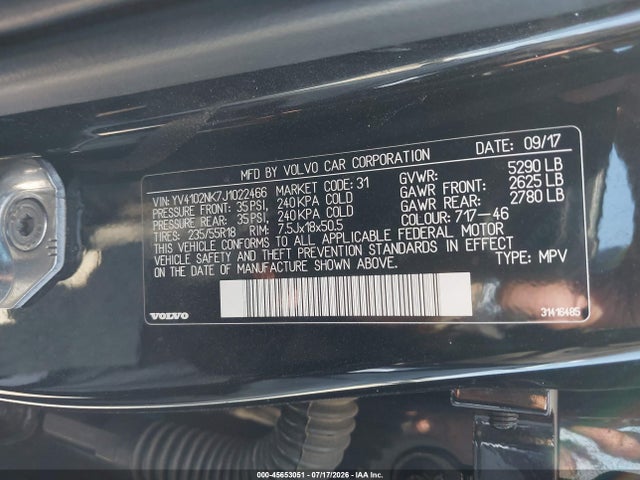 45653051 :رقم المزاد ، YV4102NK7J1022466 vin ، 2018 Volvo V90 Cross Country T5 مزاد بيع