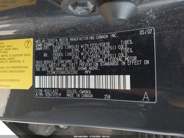 2008 Lexus Rx 350 მანქანა იყიდება აუქციონზე, vin: 2T2HK31U88C062260, აუქციონის ნომერი: 45653068