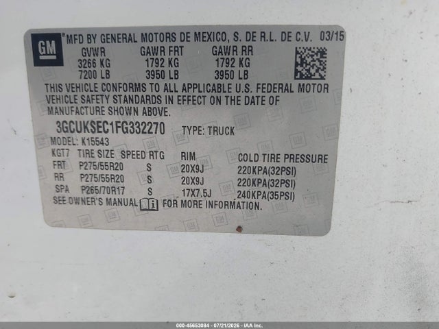 Aukcja sprzedaży 2015 Chevrolet Silverado 1500 Ltz, vin: 3GCUKSEC1FG332270, numer aukcji: 45653084