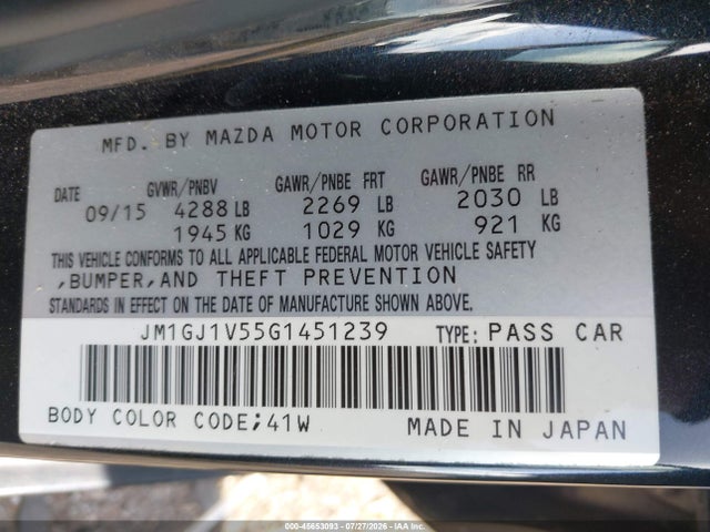 Aukcja sprzedaży 2016 Mazda Mazda6 I Touring, vin: JM1GJ1V55G1451239, numer aukcji: 45653093