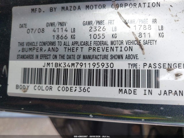 Aukcja sprzedaży 2009 Mazda Mazdaspeed3 Sport, vin: JM1BK34M791195930, numer aukcji: 45653097