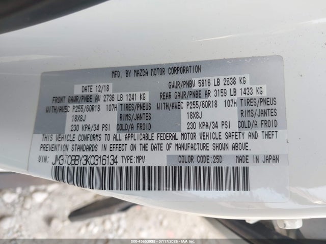Aukcja sprzedaży 2019 Mazda Cx-9 Sport, vin: JM3TCBBY3K0316134, numer aukcji: 45653098