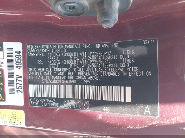 5TDZK3DC2ES463690 Toyota Sienna L V6 7 Passenger
