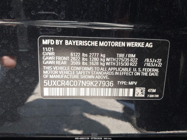 5UXCR4C07N9K27936 BMW X5 Sdrive40i