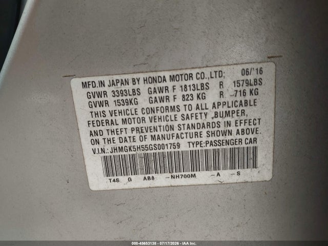 JHMGK5H55GS001759 Honda FIT LX