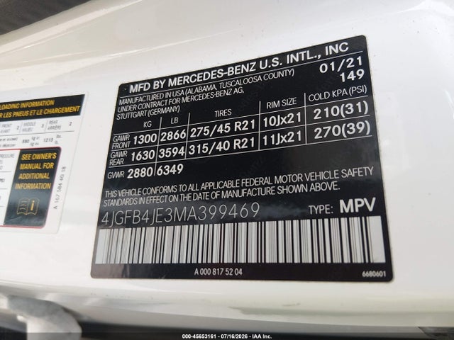 Aukcja sprzedaży 2021 Mercedes-benz Gle 350, vin: 4JGFB4JE3MA399469, numer aukcji: 45653161