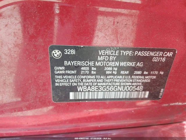 Aukcja sprzedaży 2016 Bmw 328i Xdrive, vin: WBA8E3G56GNU00548, numer aukcji: 45653168