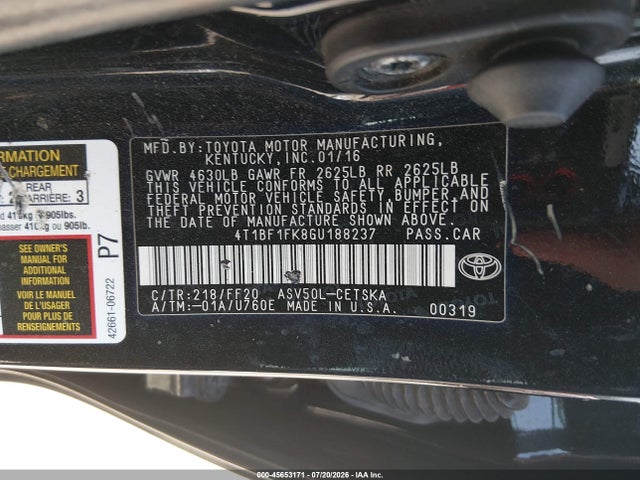 Toyota CAMRY SE 2016 4T1BF1FK8GU188237 Image 9