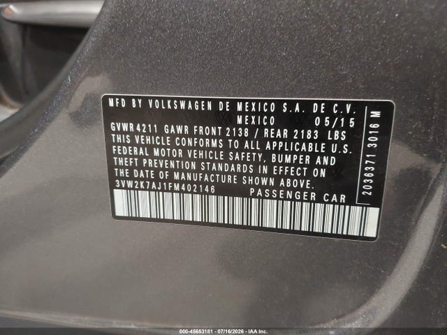 2015 Volkswagen Jetta 2.0l S მანქანა იყიდება აუქციონზე, vin: 3VW2K7AJ1FM402146, აუქციონის ნომერი: 45653181